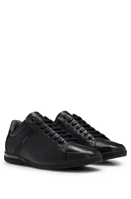 Low-top leather trainers with logos and rubberised detail, Black