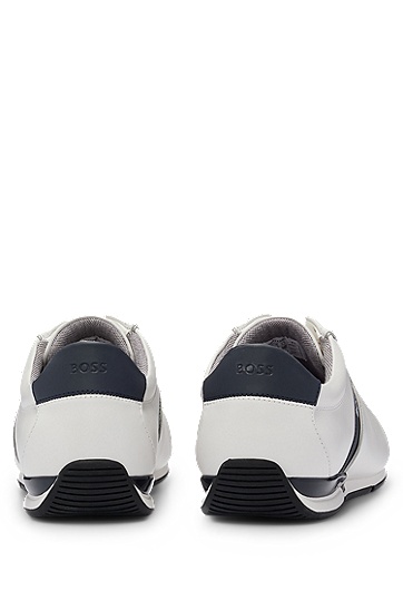 BOSS 博斯徽标和橡胶细节装饰低帮皮革运动鞋,  100_White