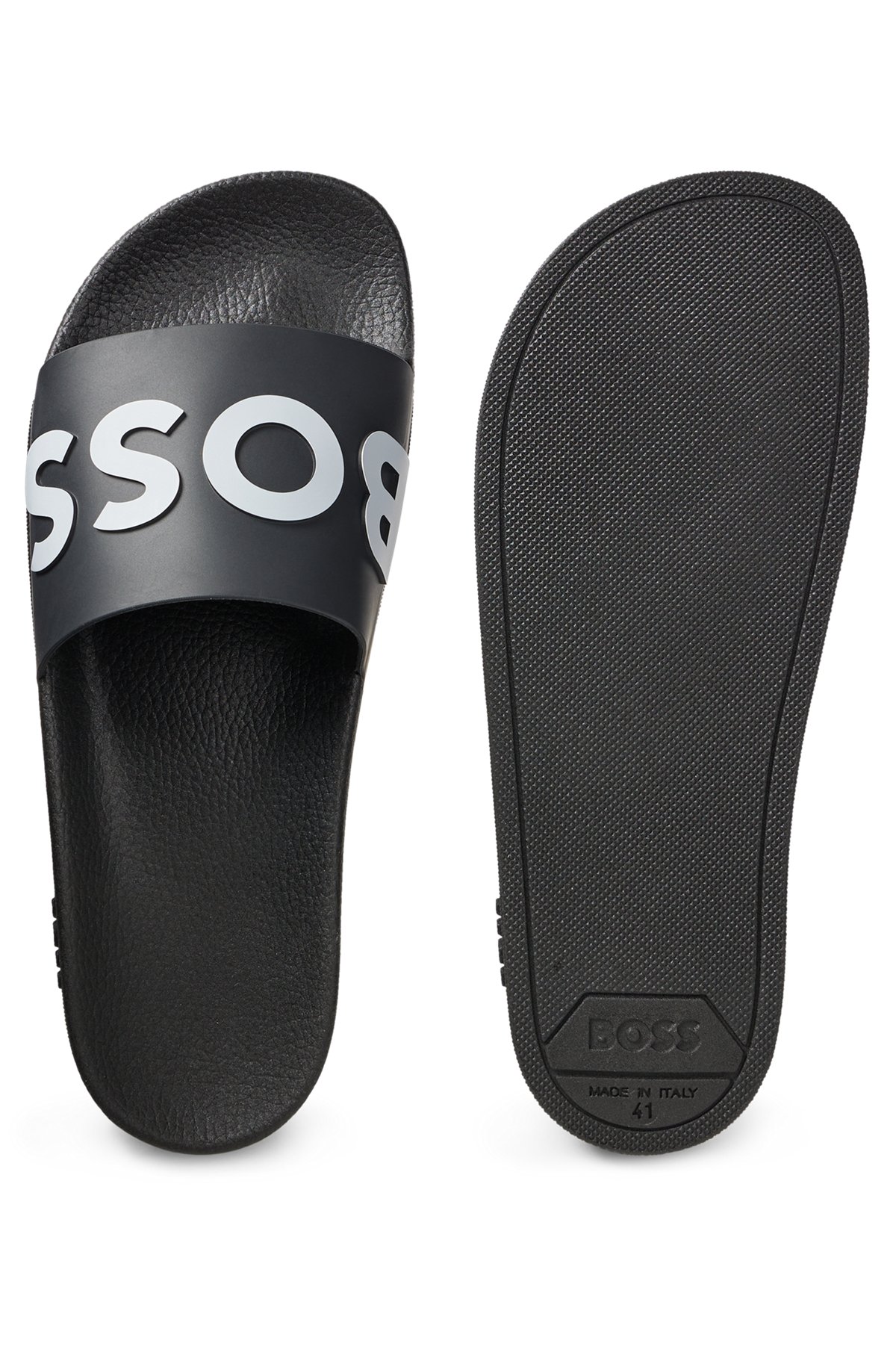 Italian-made slides with contrast-logo strap, Black