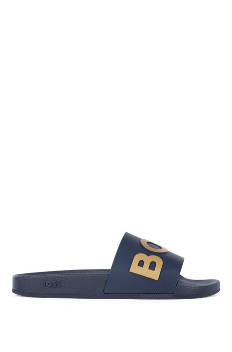 Sandali slider realizzati in Italia con fascia con logo a contrasto, Blu scuro
