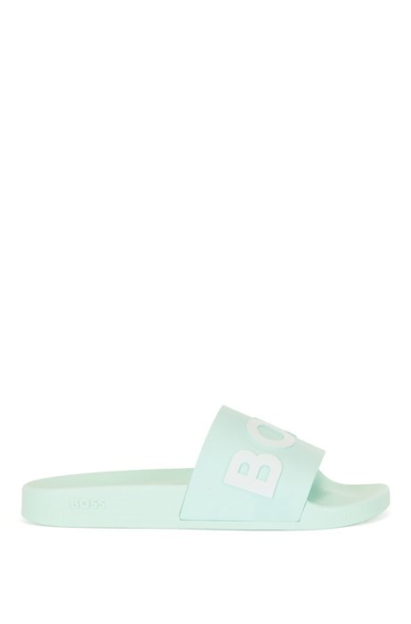 Italian-made slides with contrast-logo strap, Turquoise