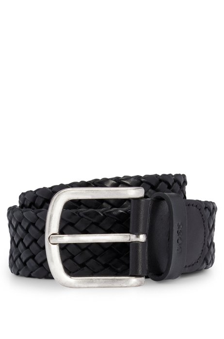 Woven-leather belt with logo keeper, Black