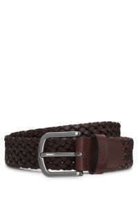 Cintura in pelle intrecciata con passante con logo, Marrone scuro