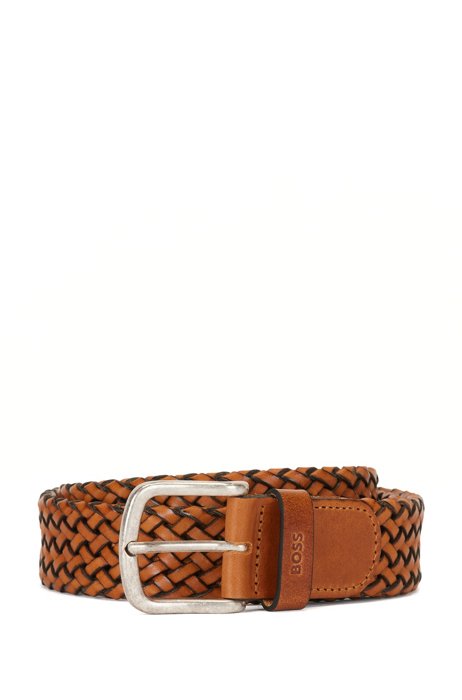 Woven-leather belt with logo keeper, Brown
