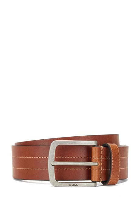 Italian-leather belt with stitching detail, Brown