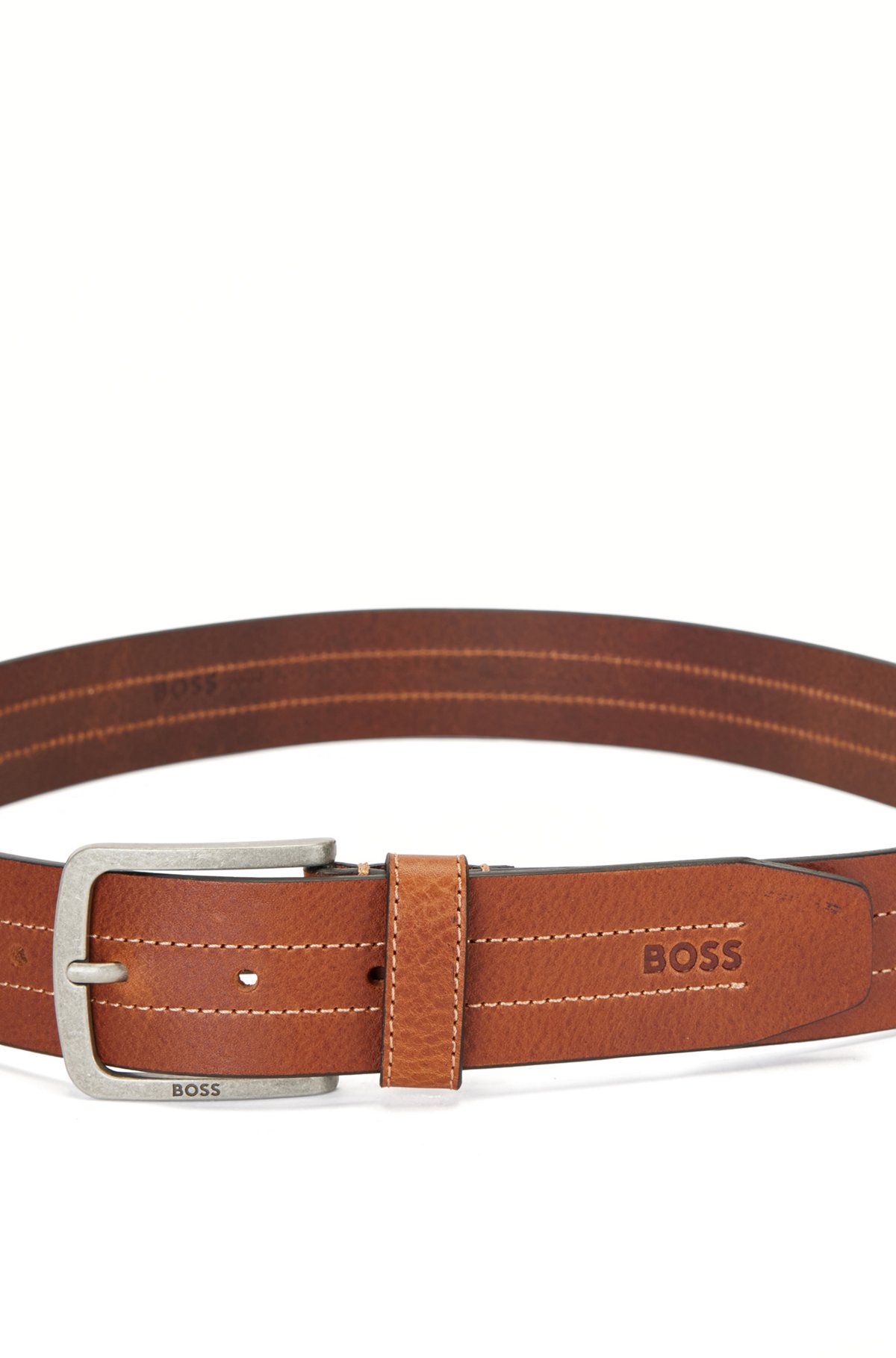 Italian-leather belt with stitching detail, Brown