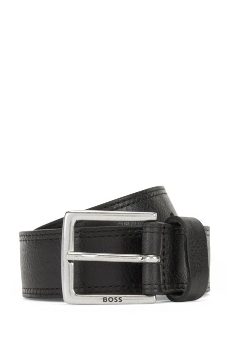 Italian-leather belt with stitching details, Black