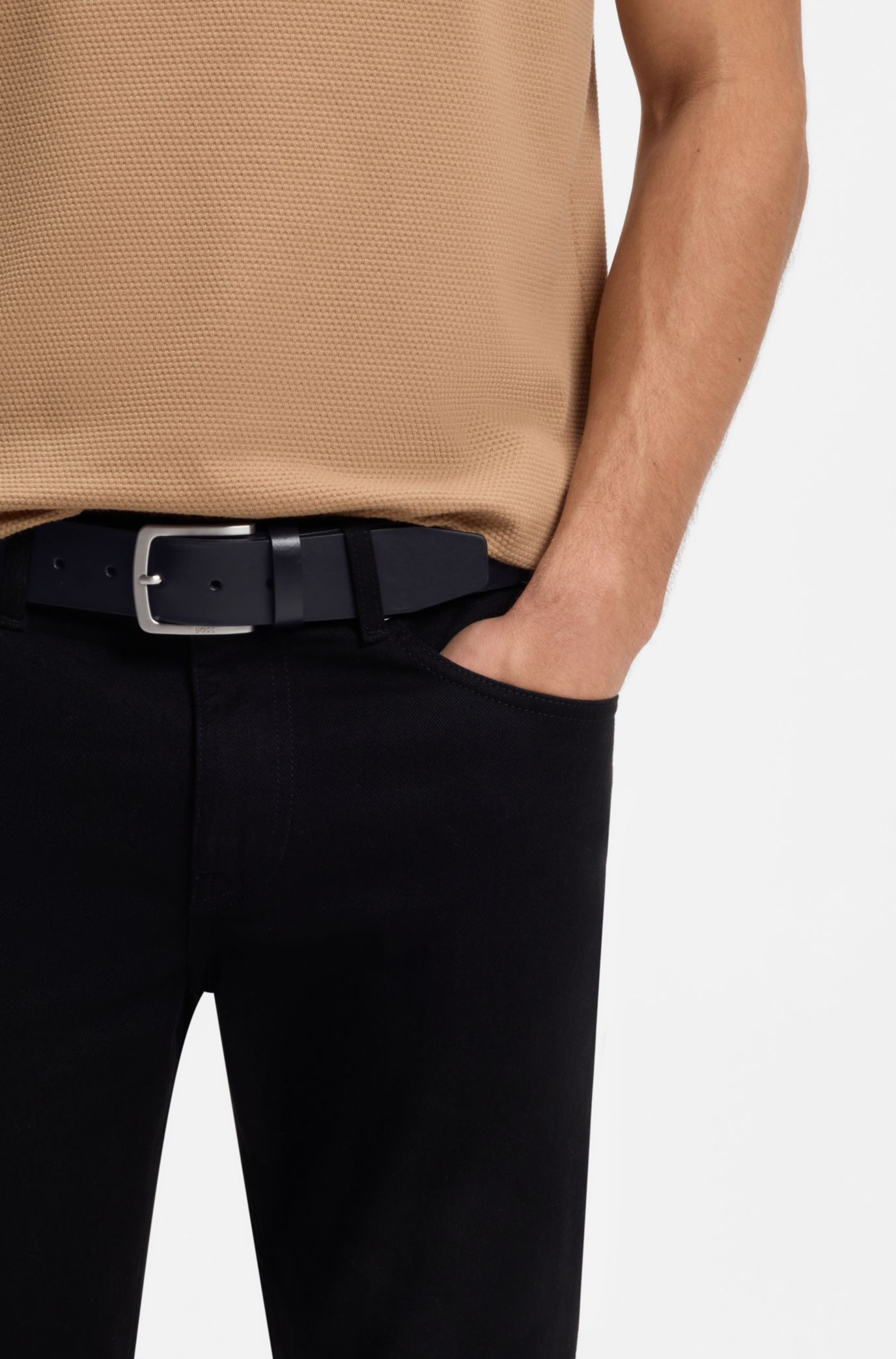 BOSS - Italian-leather belt with logo-engraved buckle - Black