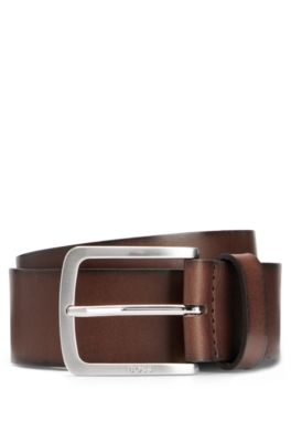 Hugo Boss Italian-leather Belt With Logo-engraved Buckle In Brown