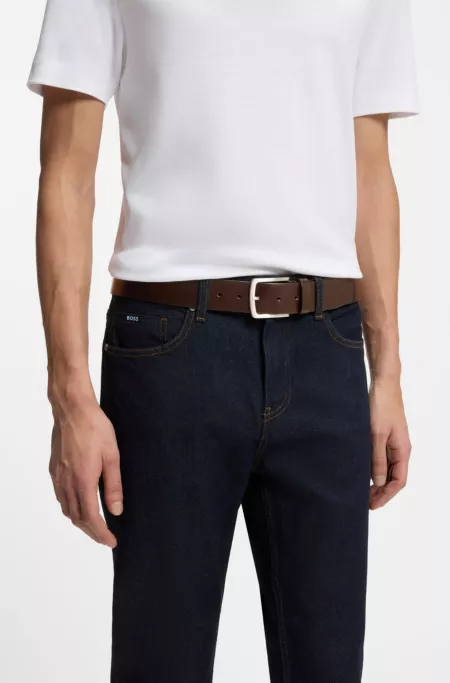 Italian-leather belt with logo-engraved buckle