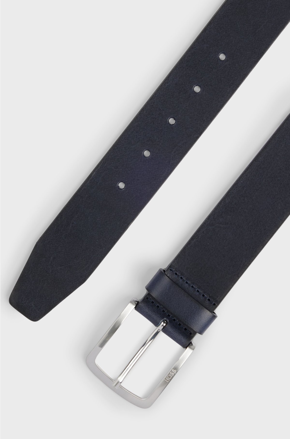Italian-leather belt with logo-engraved buckle, Dark Blue