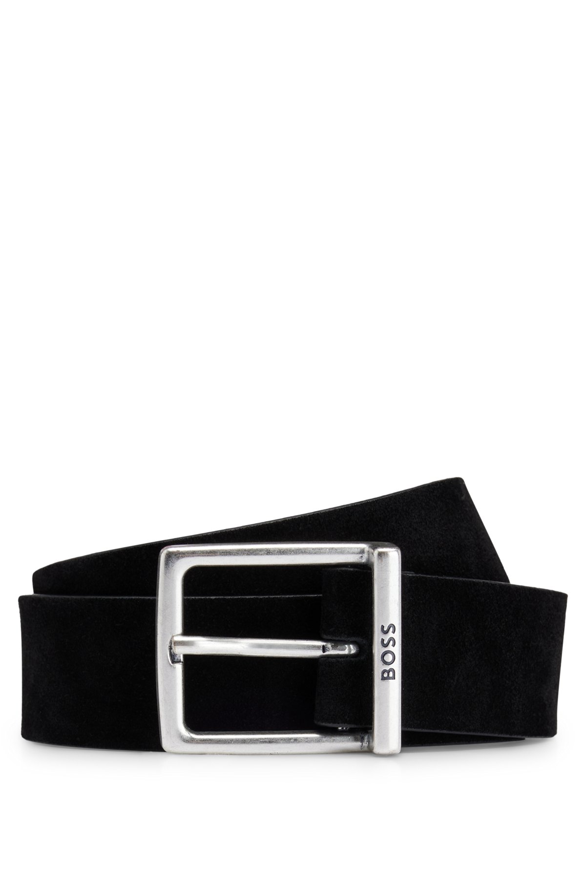 Cinturón de ante con hebilla cuadrada y logo grabado, Negro