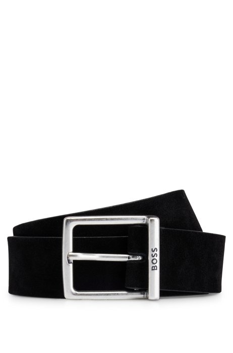 Suede belt with squared buckle and engraved logo, Black