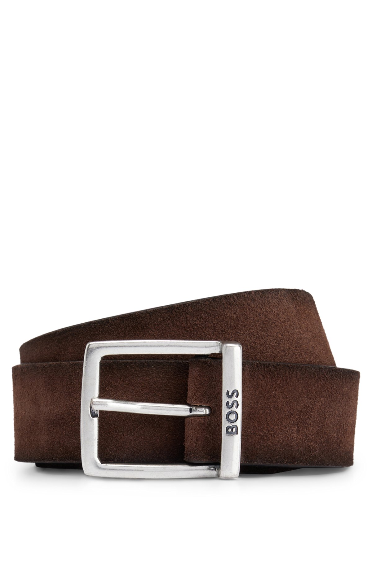 Suede belt with squared buckle and engraved logo, Dark Brown