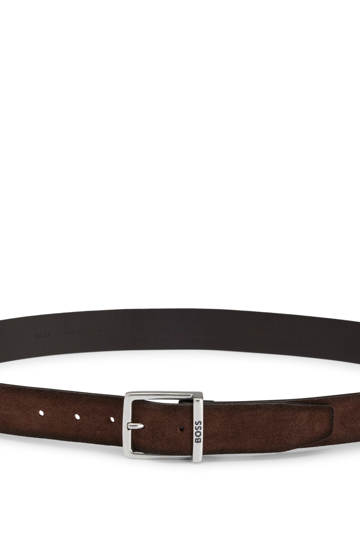 Suede belt with squared buckle and engraved logo, Dark Brown