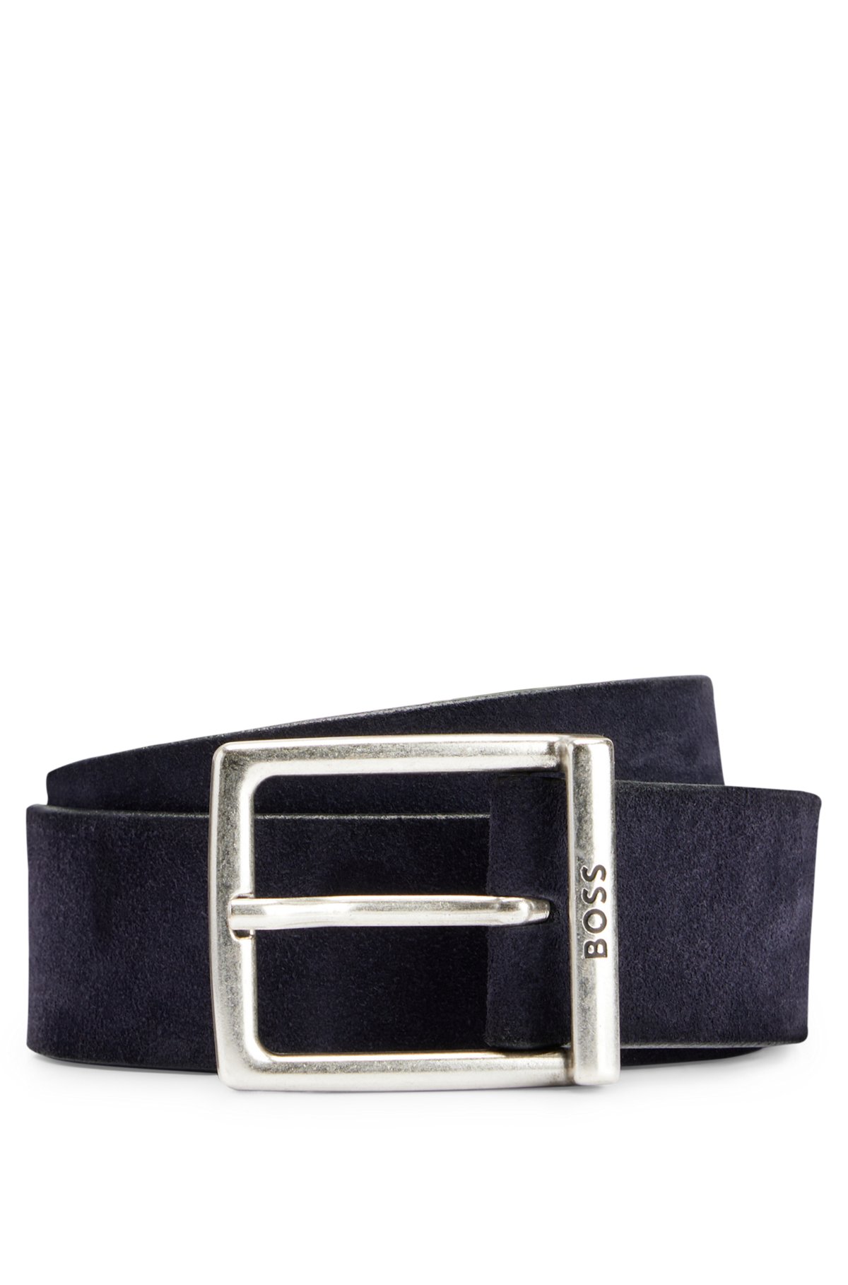 Cinturón de ante con hebilla cuadrada y logo grabado, Azul oscuro