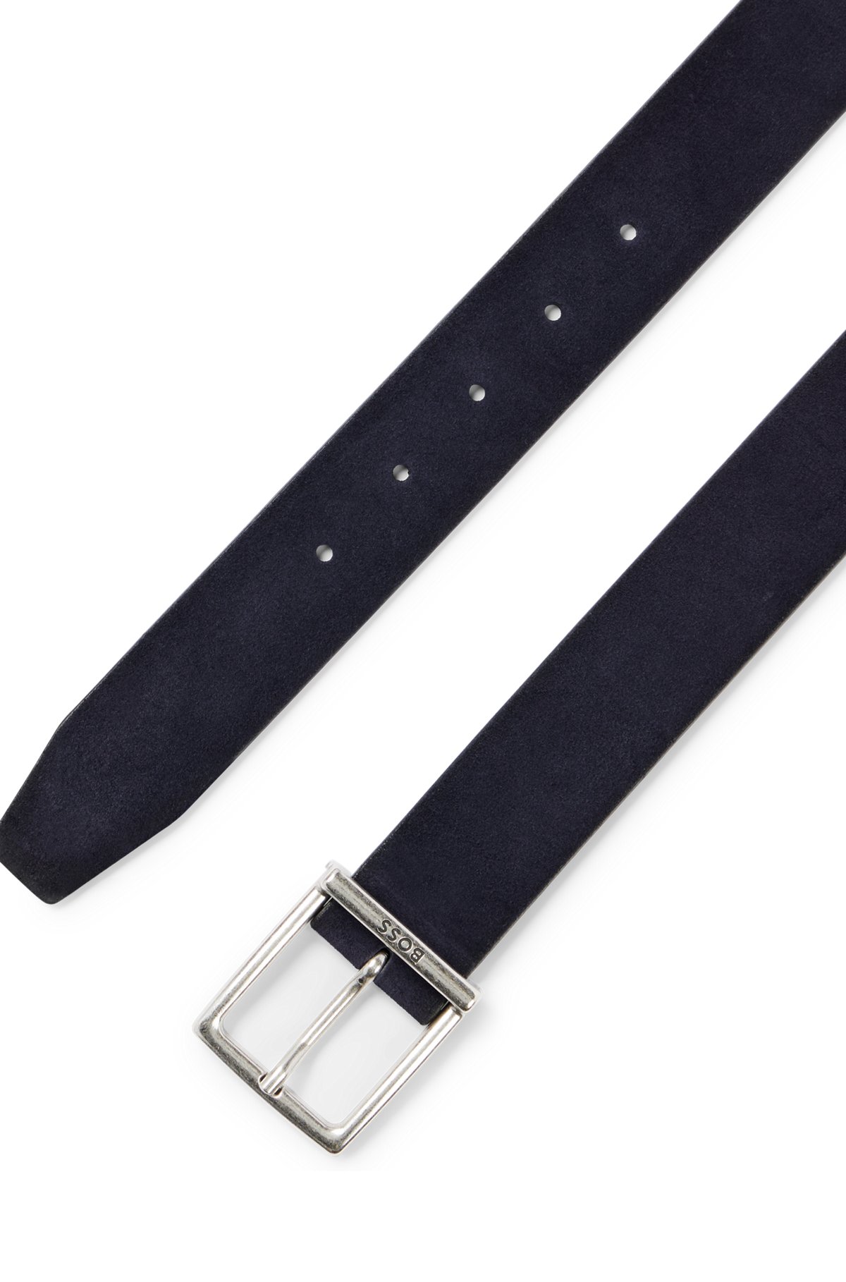 Cinturón de ante con hebilla cuadrada y logo grabado, Azul oscuro