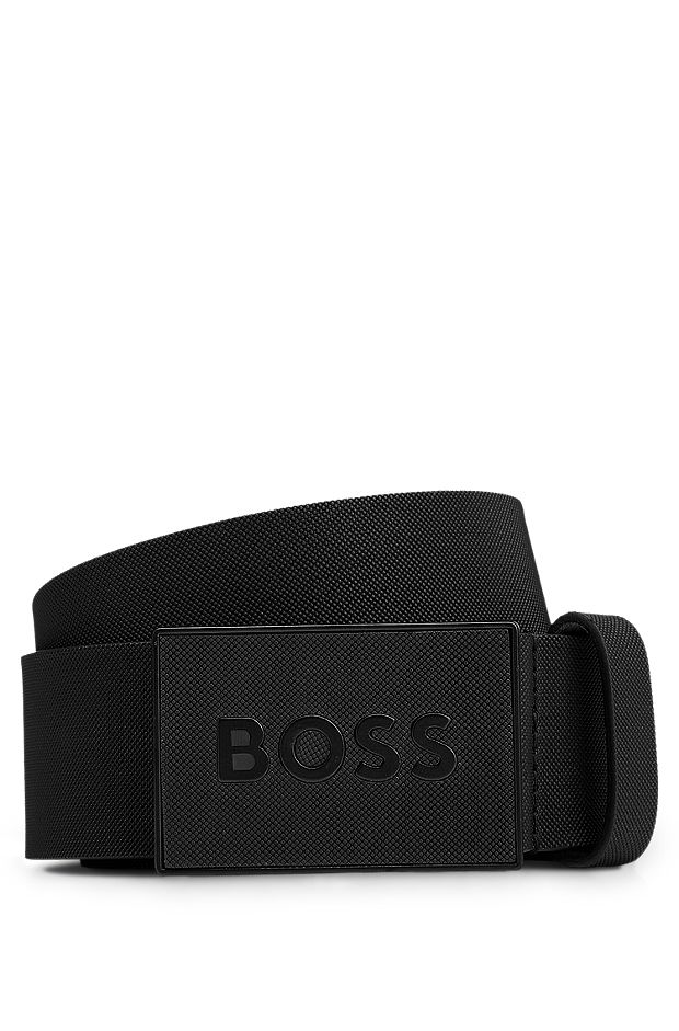 Italian-leather belt with textured plaque buckle, Black