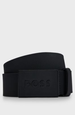 Italian-leather belt with logo-plaque buckle, Black