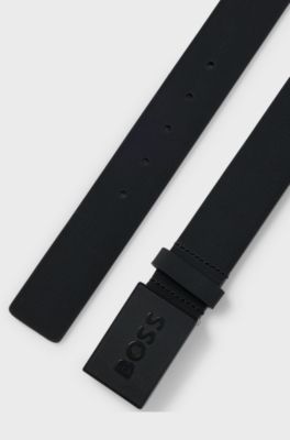Italian-leather belt with logo-plaque buckle, Black