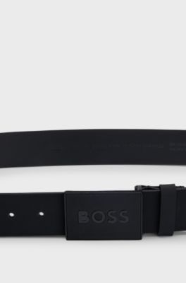 Italian-leather belt with logo-plaque buckle, Black