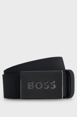 Italian-leather belt with logo-plaque buckle, Black