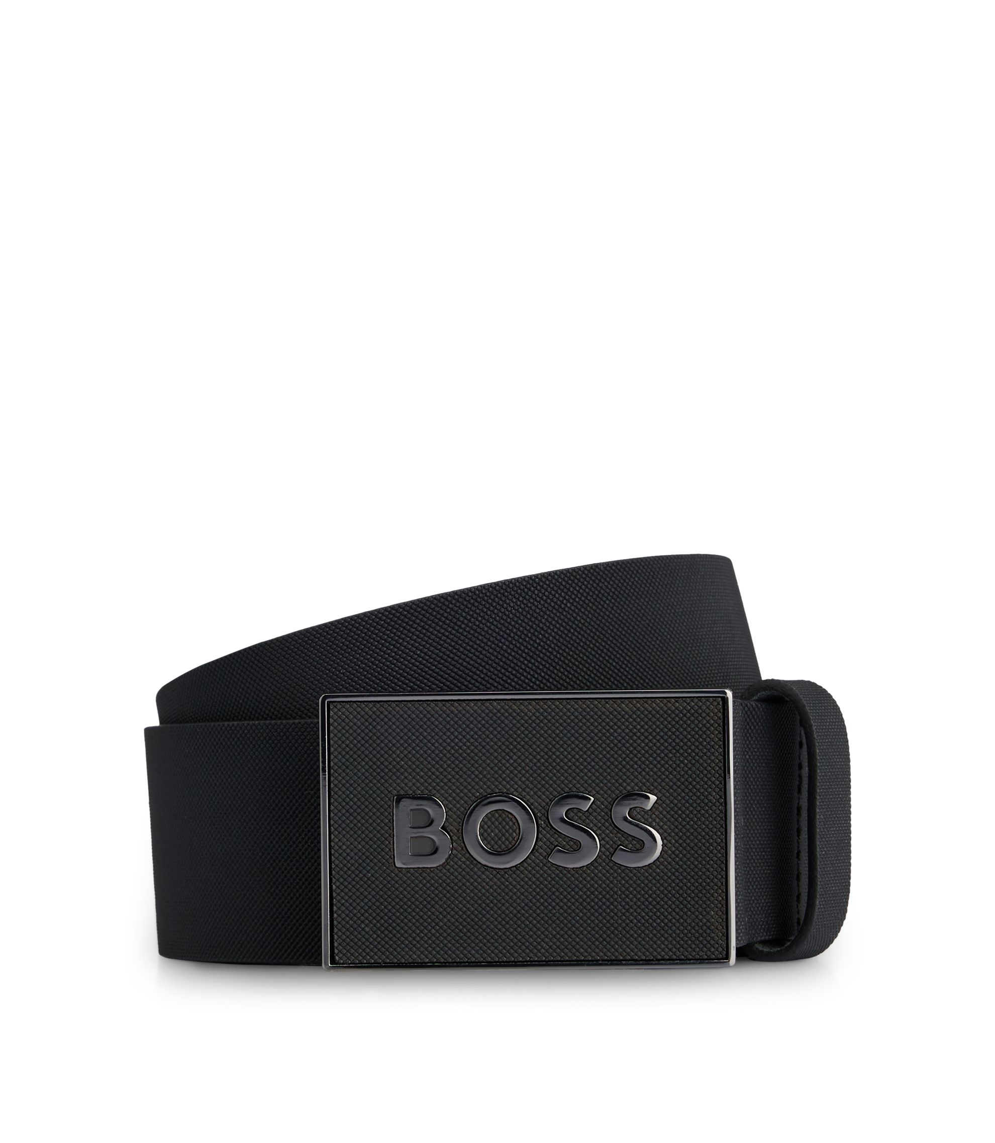 BOSS - イタリアンレザー ベルト ロゴプレートバックル - ブラック