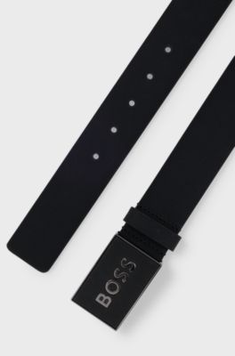 Italian-leather belt with logo-plaque buckle, Black