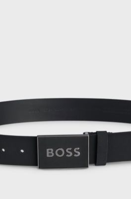 Italian-leather belt with logo-plaque buckle, Black