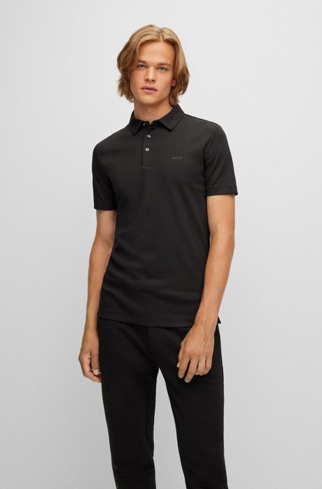 Organic-cotton slim-fit polo shirt with logo print, Black