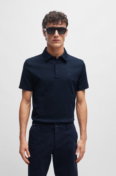 Organic-cotton slim-fit polo shirt with logo print, Dark Blue