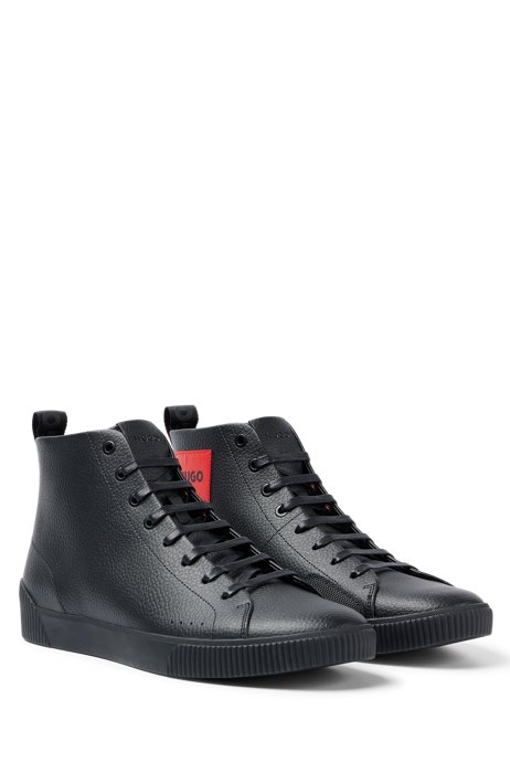 Grained-leather trainers with red logo label, Black
