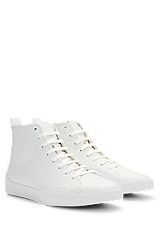 Grained-leather trainers with red logo label, White