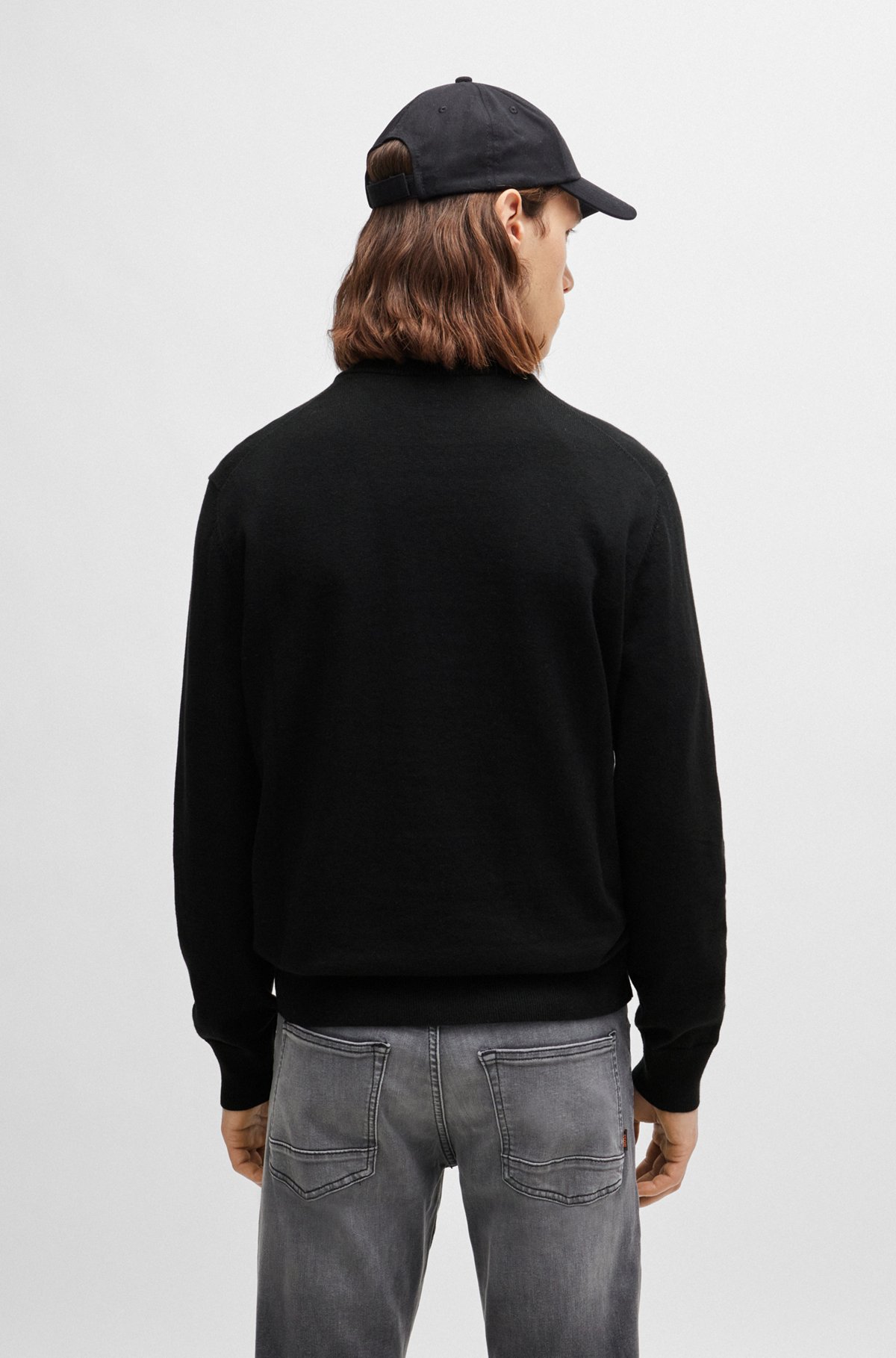 Crew-neck sweater in cotton and cashmere with logo, Black
