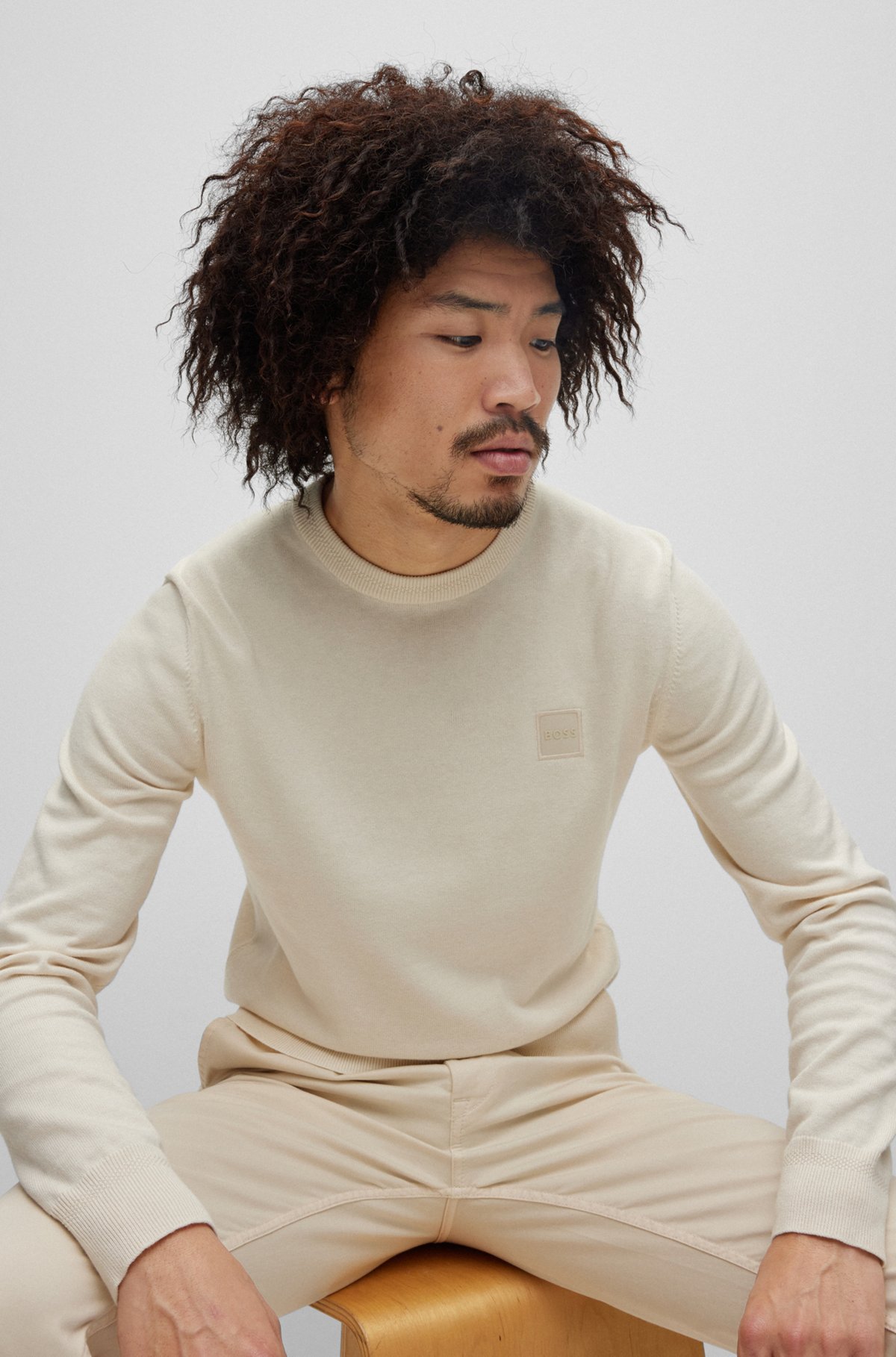 Crew-neck sweater in cotton and cashmere with logo, Natural