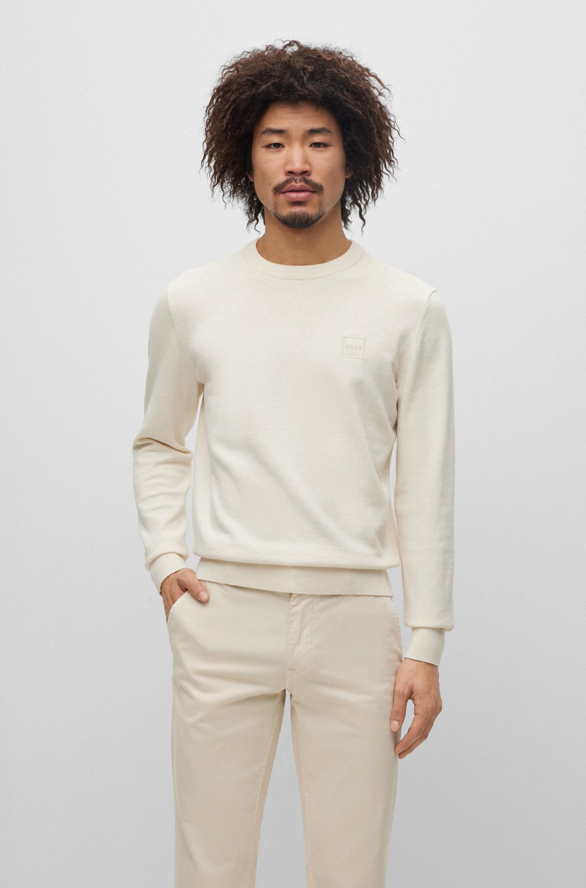 Crew-neck sweater in cotton and cashmere with logo, Natural