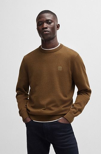 Crew-neck sweater in cotton and cashmere with logo, Brown