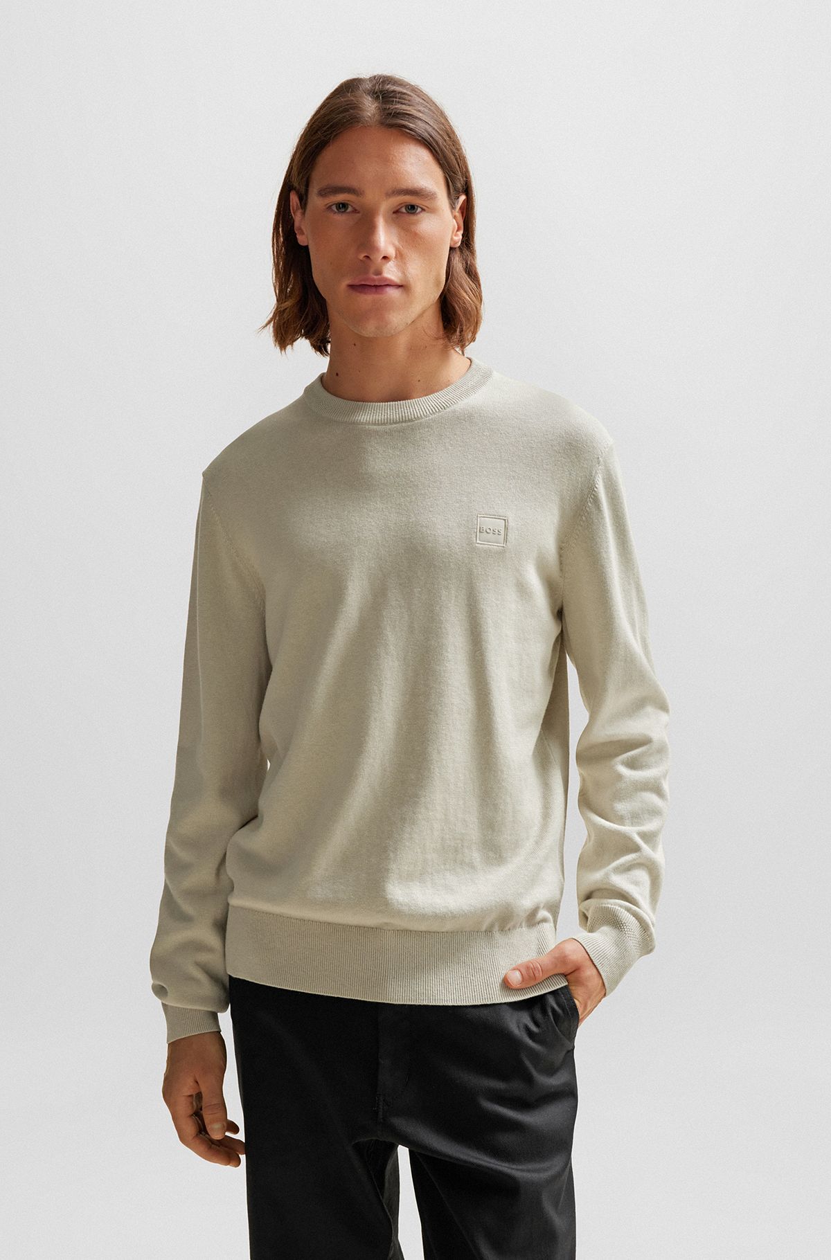 Crew-neck sweater in cotton and cashmere with logo, Light Beige