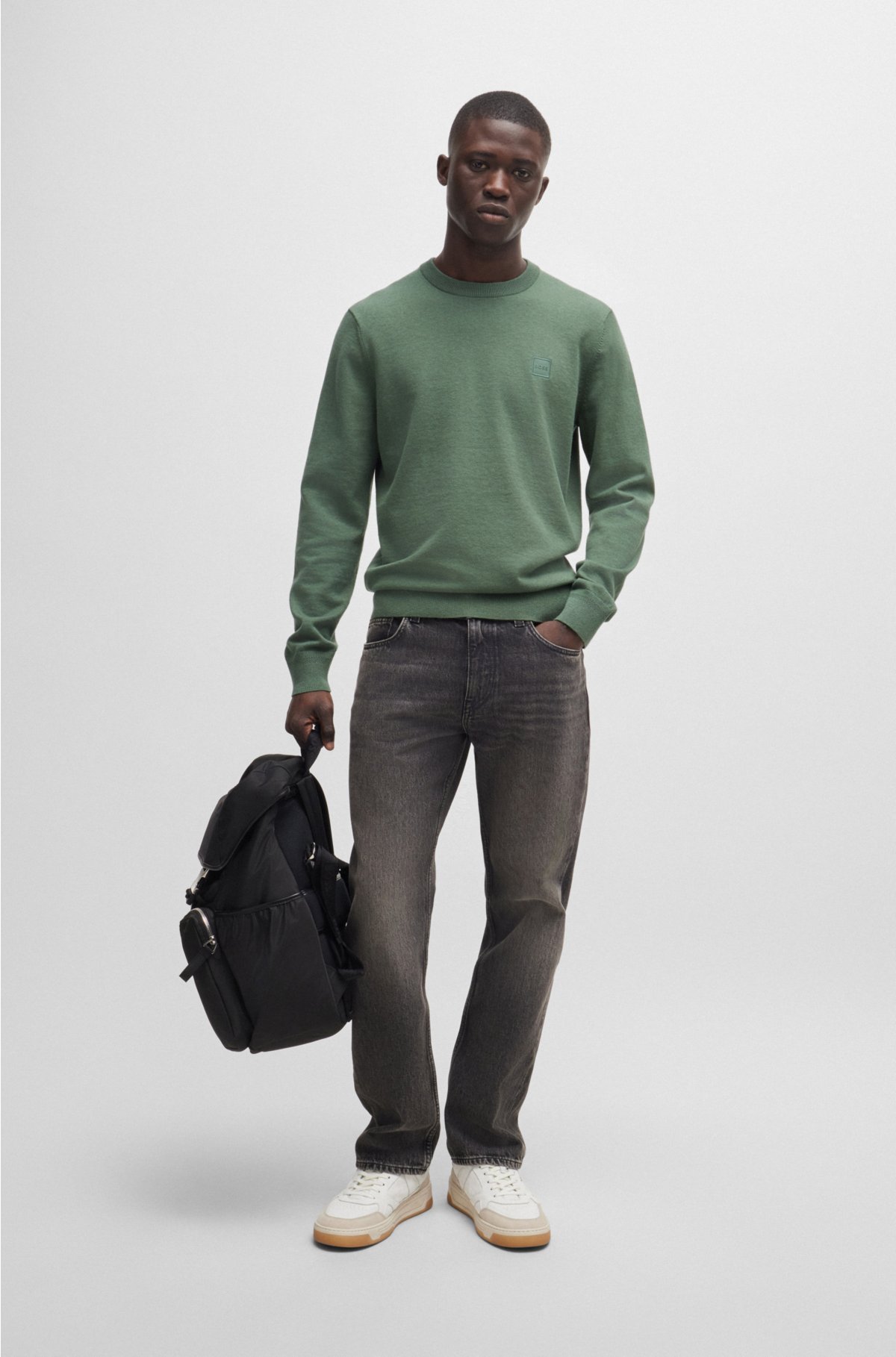 Crew-neck sweater in cotton and cashmere with logo, Green