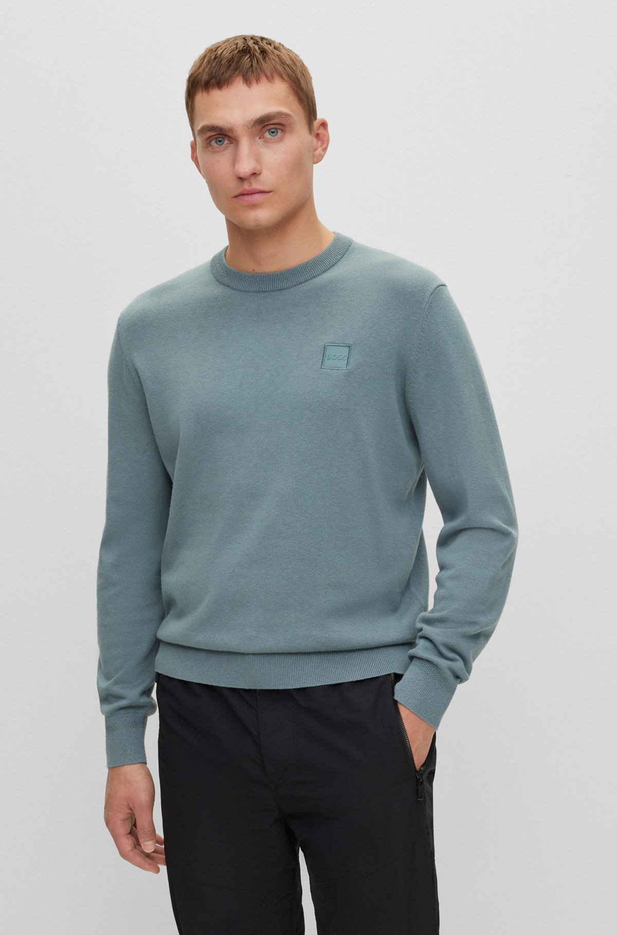 Crew-neck sweater in cotton and cashmere with logo, Blue
