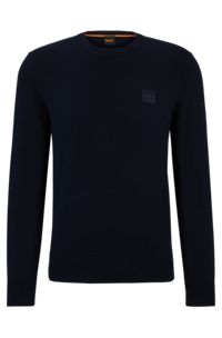 Jersey con cuello redondo de algodón y cashmere con logo, Azul oscuro