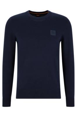 Hugo Boss Crew-neck Sweater In Cotton And Cashmere With Logo In Blue
