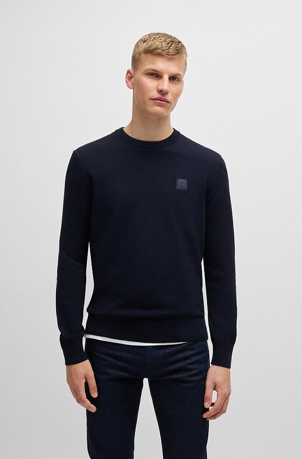 Crew-neck sweater in cotton and cashmere with logo, Dark Blue