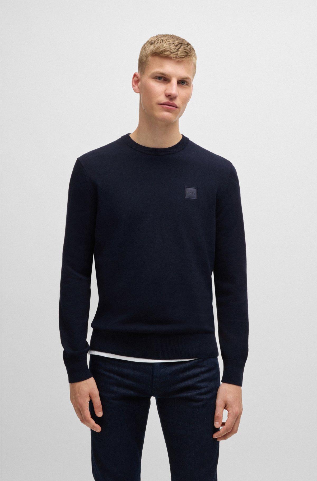 BOSS - Crew-neck sweater in cotton and cashmere with logo