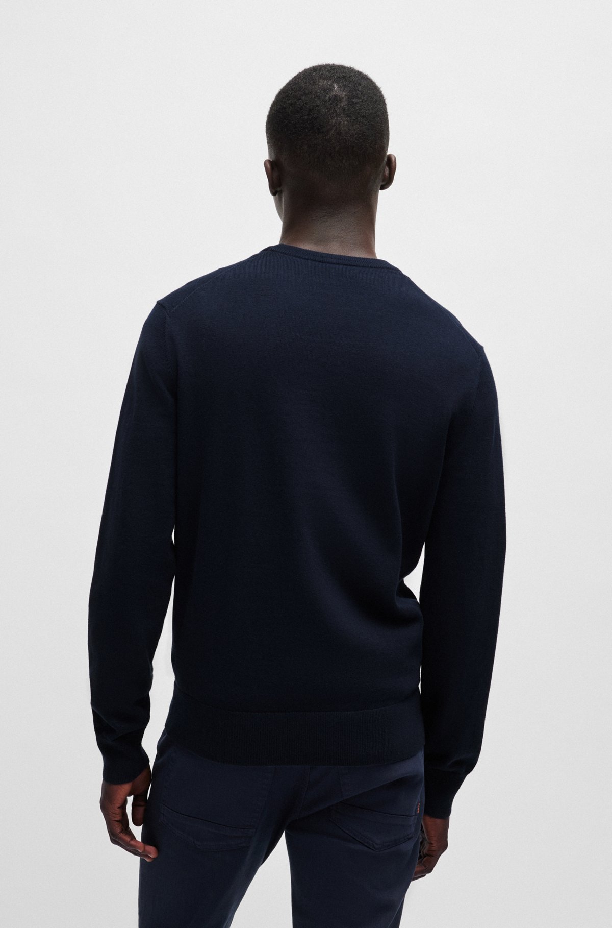 Jersey con cuello redondo de algodón y cashmere con logo, Azul oscuro
