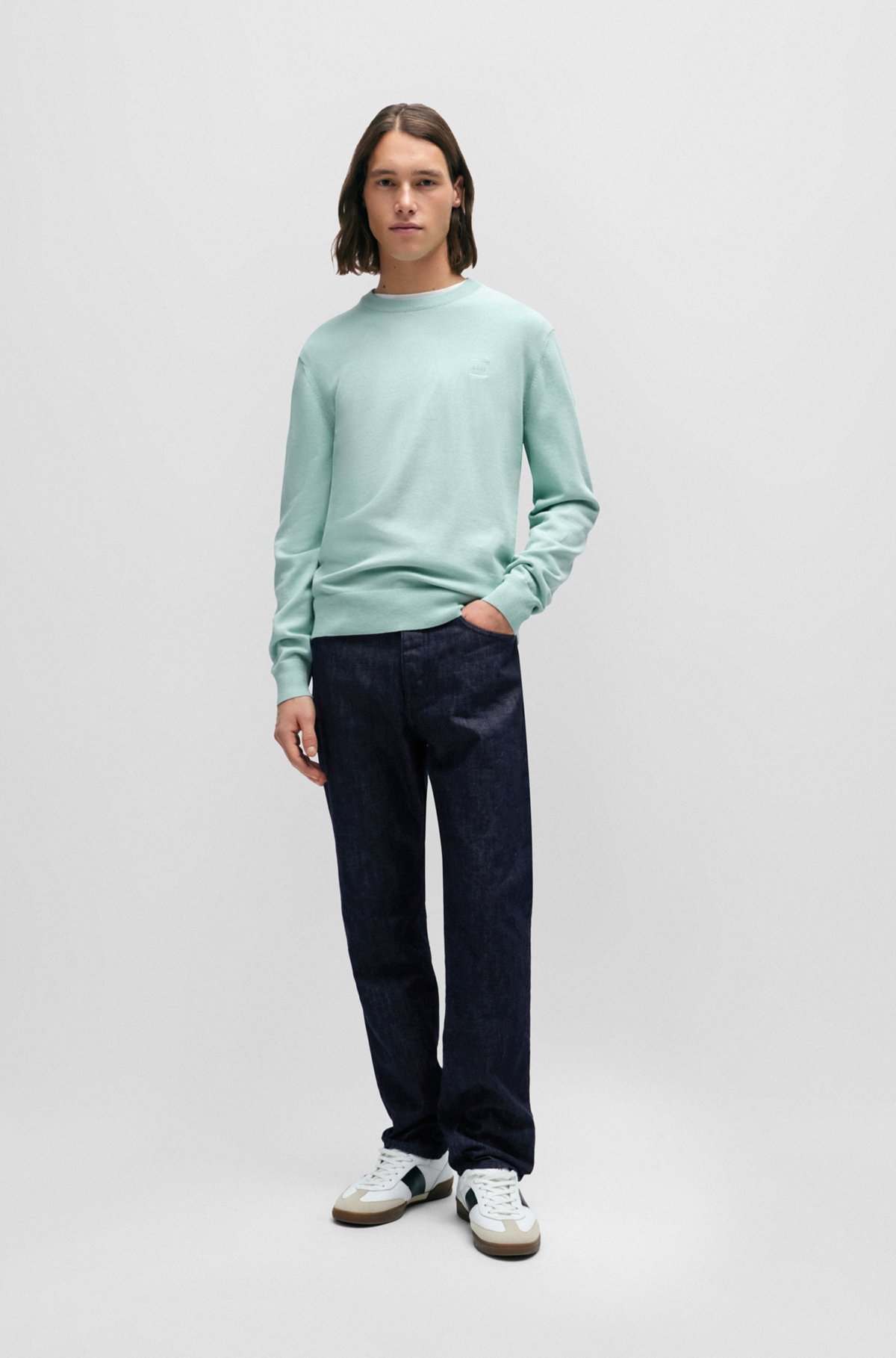 Crew-neck sweater in cotton and cashmere with logo, Light Blue