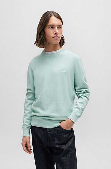 Crew-neck sweater in cotton and cashmere with logo, Light Blue