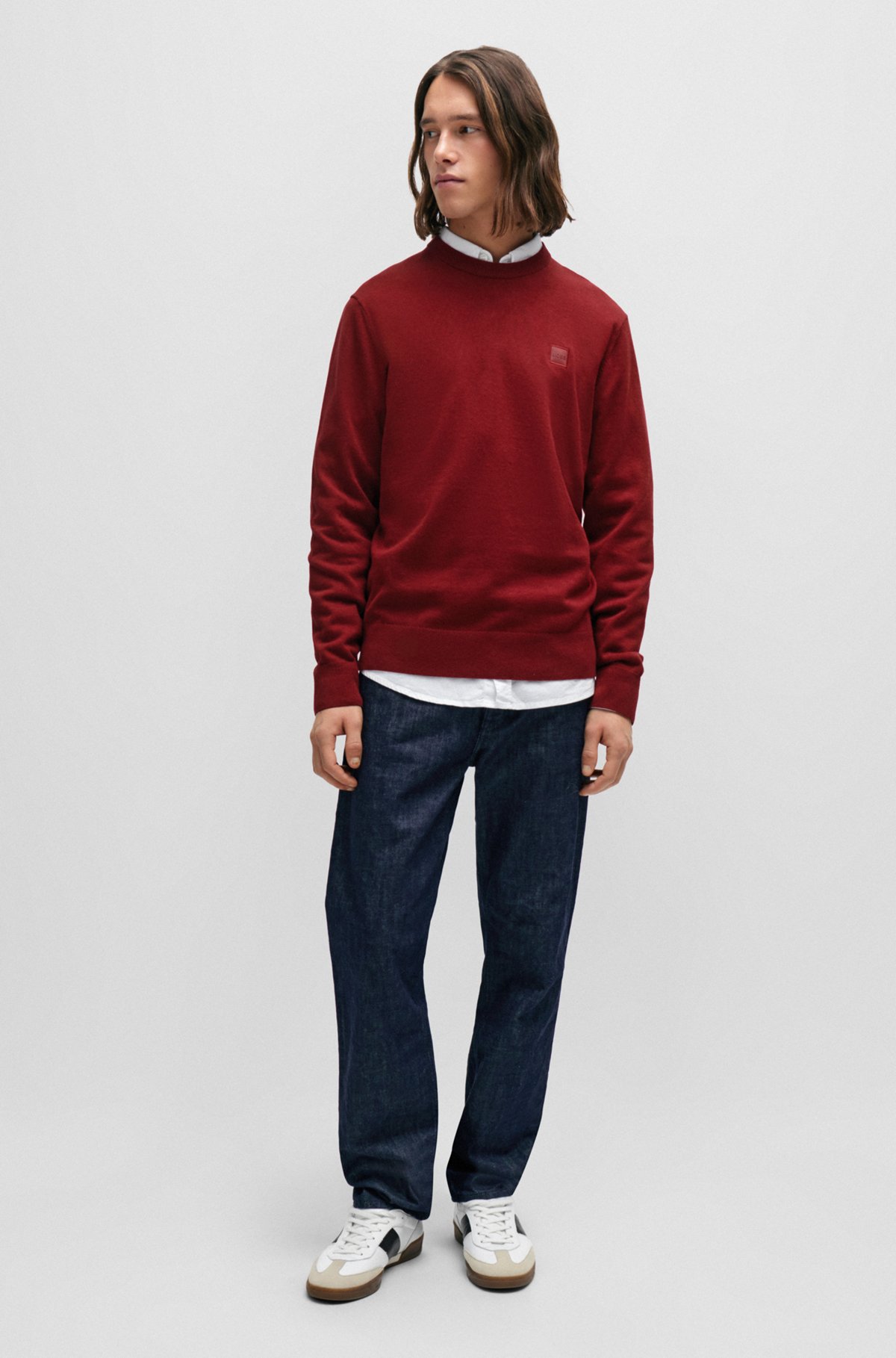 Crew-neck sweater in cotton and cashmere with logo, Dark Red