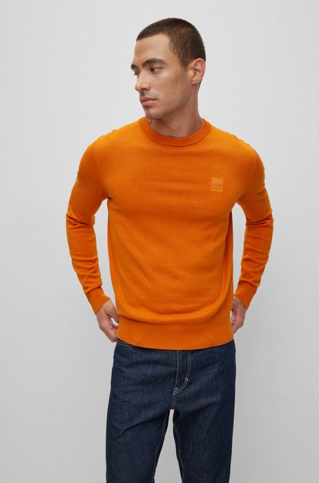 Crew-neck sweater in cotton and cashmere with logo, Orange