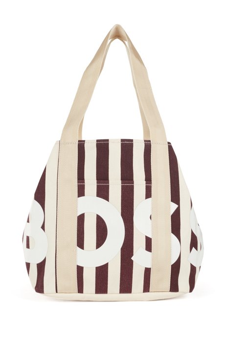 Tote bag in striped canvas with large logo, Patterned